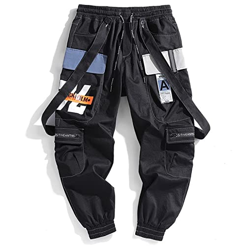 Sawmew Herren Bänder Cargo Pants Herren Harajuku Casual Jogger Track Streetwear Hose Hip Hop Haremshose Techwear (Color : Black, Size : M) von Sawmew