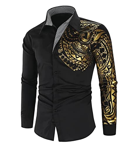 Sawmew Herren Blumen Hemd Langarm Personalisiertes Bedrucktes Hemd Herren Herbst Slim Langarm Gold Schwarz Hemd Herren Social Herren Herren Club Prom Shirt (Color : Black, Size : 4XL) von Sawmew