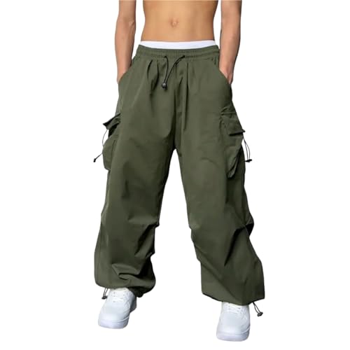 Sawmew Herren Cargohose Lang Fallschirmhose Loose Fit Strahlfüße Cargo Hose Lang Tunnelzug Fallschirm Lässig Y2K Hosen(Green,5XL) von Sawmew