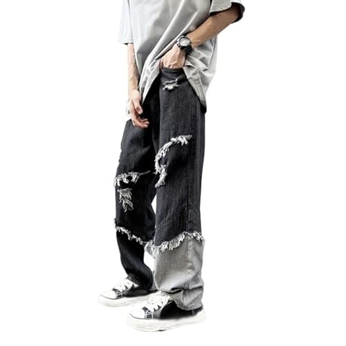 Sawmew Herren Hip Hop Baggy Jeans Fashion Print Loose Fit Wide Leg Y2k Harajuku Denim Pants (Color : Black, Size : M) von Sawmew