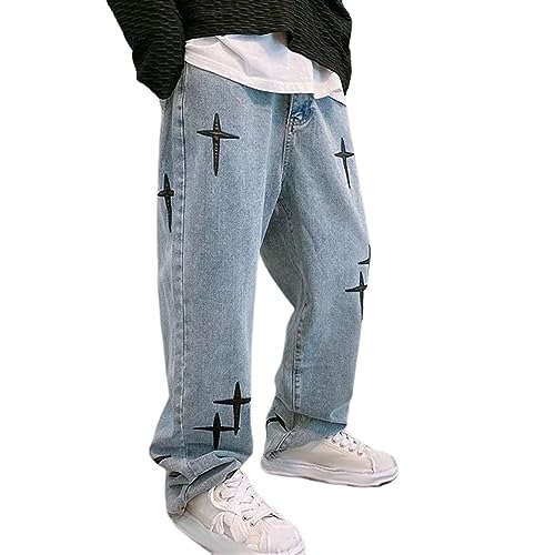 Sawmew Herren Jeans mit Y2K Motiv Streetwear Mode Baggy Jeans mit Gerader Passform und Weitem Bein, Lässige Denim Hose (Color : Blue, Size : L) von Sawmew