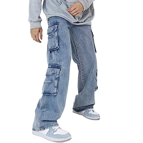 Sawmew Herren Jeans mit Y2K Motiv Streetwear Mode Baggy Jeans mit Gerader Passform und Weitem Bein, Lässige Denim Hose (Color : Blue, Size : XL) von Sawmew