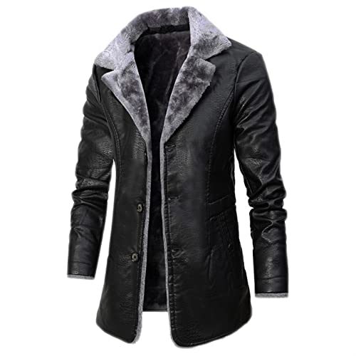 Sawmew Herren Pelzmantel Leder Sherpa Jacke Winter Warmer Mantel Parka Bomber Lederjacke (Color : Black, Size : L) von Sawmew