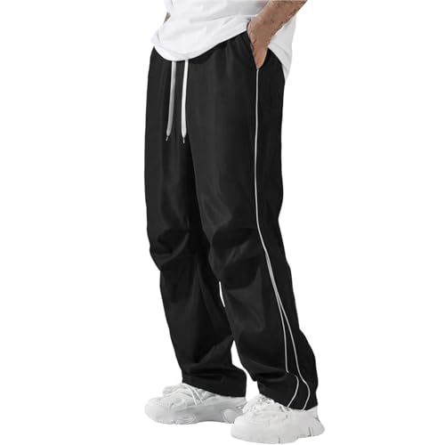 Sawmew Herren Sporthose Lang Sommerhose Baggy Jogginghos Teenager Mode Y2k Streetwear Weites Bein Elastische Taille Outdoor Hosen Freizeithosen(Black,S) von Sawmew