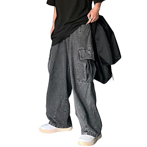 Sawmew Hip-Hop Jeanshose mit Geradem Print für Herren Y2K Baggy Jeanshose für Teenager (Color : Black, Size : M) von Sawmew