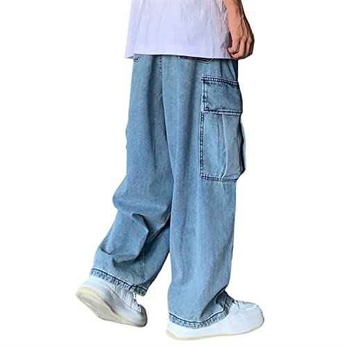 Sawmew Hip-Hop Jeanshose mit Geradem Print für Herren Y2K Baggy Jeanshose für Teenager (Color : Blue, Size : L) von Sawmew