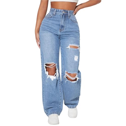 Sawmew Jeans Damen Baggy Gerades Bein High Waist Straight Leg Jeanshosen Casual Stretch Zerrissen Destroyed Löchern Denim Hosen Damenjeans Ripped Pants(M) von Sawmew