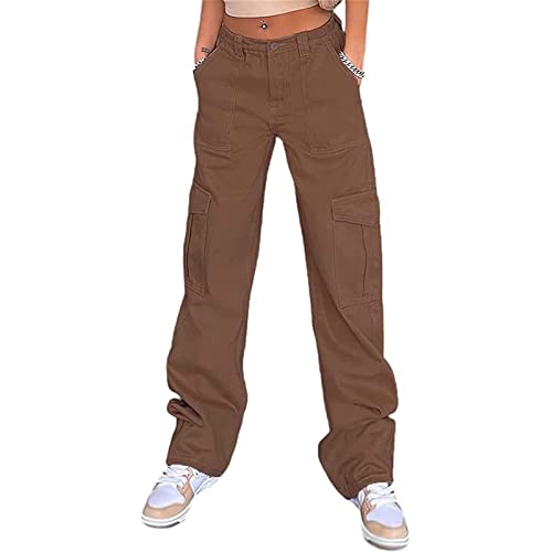 Sawmew Jeans Damen High Waist Straight, Einfarbig Damen Cargo Jeans Hose Y2K Baggy Hose Straight Leg Pants 90er Streetwear Cargohose mit Tasche Weite Baggy Boyfriend Pants Freizeithose (Color : Dark von Sawmew