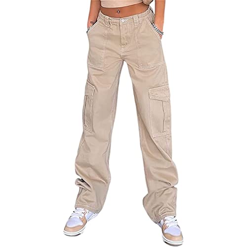 Sawmew Jeans Damen High Waist Straight, Einfarbig Damen Cargo Jeans Hose Y2K Baggy Hose Straight Leg Pants 90er Streetwear Cargohose mit Tasche Weite Baggy Boyfriend Pants Freizeithose (Color : Khaki von Sawmew