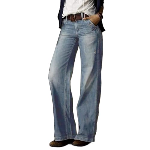 Sawmew Jeans Damen Mid Waist Pull On Jeans Wide Leg Trouser Pants Trendy Front Seam 90s Loose Jean Schlaghose Damen Jeans Baggy Jeans Vintage Used Look Jeans(Blue,3XL) von Sawmew