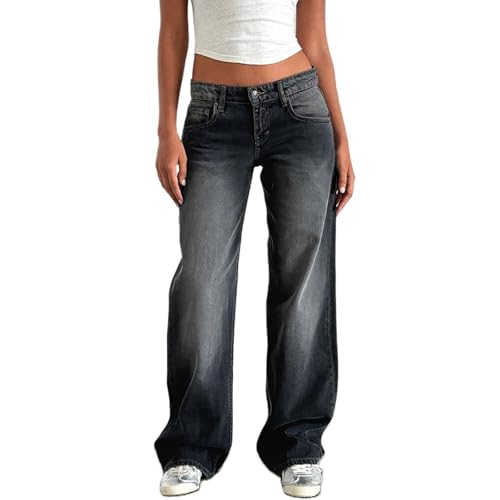 Sawmew Jeans Damen Stretch Jeanshose Cargohose Baggy Schwarz Hosen Freizeithose mit Taschen High Waist Hose Leicht Breite Outdoor Cargo Große Größen Jeans(Dark grey,L) von Sawmew