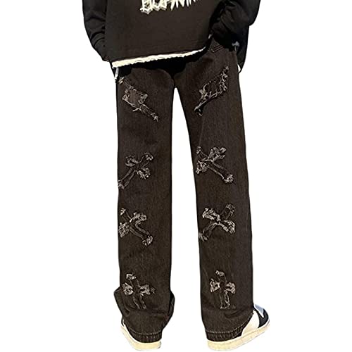 Sawmew Jeans Hip Hop Herren Baggy Straight Leg Gewaschen Patchwork Ripped Jeanshose Casual Denim Hosen Men Vintage Bedruckte Pants Teenager Skateboard Hose Streetwear (Color : Black, Size : M) von Sawmew