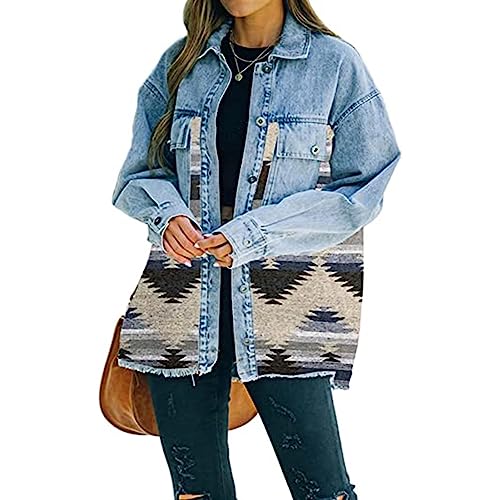 Sawmew Jeansjacke Damen Drucken Patchwork Vintage Colorblock Denim Jacke Langarm Mäntel Oversize Loose Jean Hemd Button Down Retro Casual Jacke Streetwear (Color : Blue, Size : XXL) von Sawmew