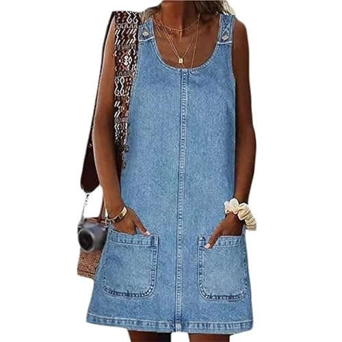 Sawmew Jeanskleid Damen Ärmelloses Kurzes Denim Kleid Sommerkleid Latzkleid Einfarbig Lässiges Freizeitkleid für Damen(L) von Sawmew