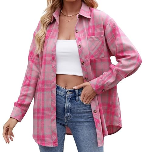 Sawmew Kariertes Damenhemd langärmelig lässiges Karohemd klassische Oberteile mit Taschen übergroßes Karohemd(Pink A,M) von Sawmew
