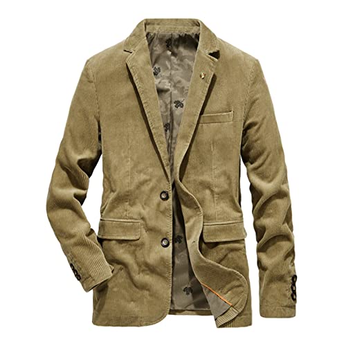 Sawmew Loose Fit Herren Vintage Retro Anzugjacke mit Zwei Knopf Freizeit Männer Sakkos Blazer Cord Mantel Winter Warm Leichtes Outwear Revers und Tasche (Color : Khaki, Size : XL) von Sawmew