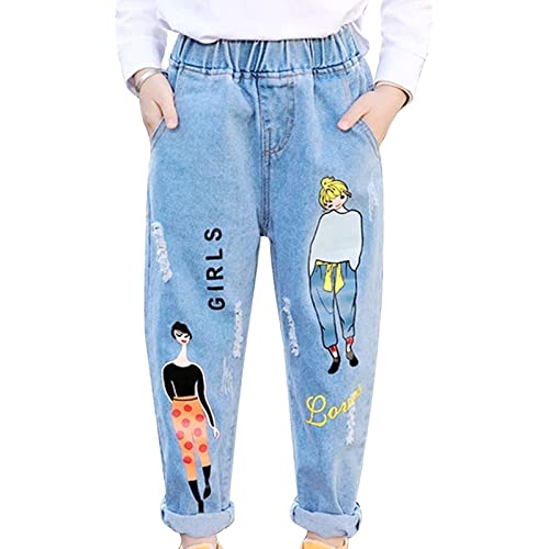 Sawmew Mädchen Jean Hosen Loch Denim Blau Jeans High Waist Lange Schlaghose Denim Hose Vintage Hose mit Weitem Bein für Kinder Fit (Color : Blue, Size : 120CM) von Sawmew