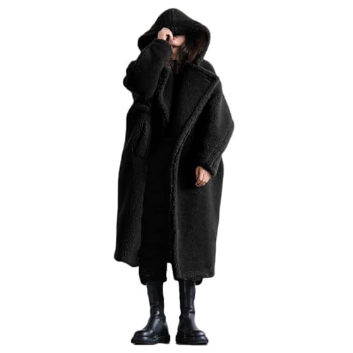 Sawmew Plüschjacke Damen Lang Teddy Kapuzenmantel Winter Warm Kapuzenjacke Outwear Langarm Wintermantel Plüsch Mantel Mit Taschen Oversize(Black,4XL) von Sawmew