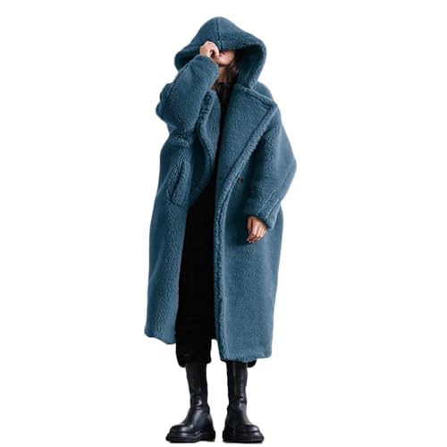 Sawmew Plüschjacke Damen Lang Teddy Kapuzenmantel Winter Warm Kapuzenjacke Outwear Langarm Wintermantel Plüsch Mantel Mit Taschen Oversize(Blue,4XL) von Sawmew