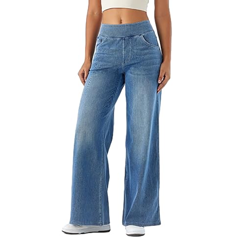 Sawmew Schlupf-Jeans mit Weitem Bein für Damen Hohe Taille Dehnbar Baggy Trendige Jeans mit Geradem Bein Jeanshose mit Taschen Einfarbig Verwaschen Lässige Jogginghose Jeans(Light Blue,S) von Sawmew