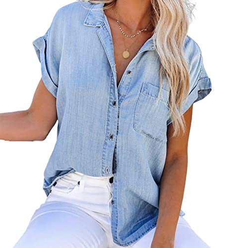 Sawmew Sommer Bluse Große Größen Damen T-Shirt Damen Sommer Bluse mit Knopfleiste und Tasche Kurzarm Basic Solide Hemdbluse Oversize Elegant Einfarbig Büroblusen Bürohemd (Color : Blue, Size : XXL) von Sawmew