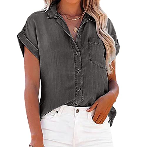 Sawmew Sommer Bluse Große Größen Damen T-Shirt Damen Sommer Bluse mit Knopfleiste und Tasche Kurzarm Basic Solide Hemdbluse Oversize Elegant Einfarbig Büroblusen Bürohemd (Color : Grey, Size : XXL) von Sawmew