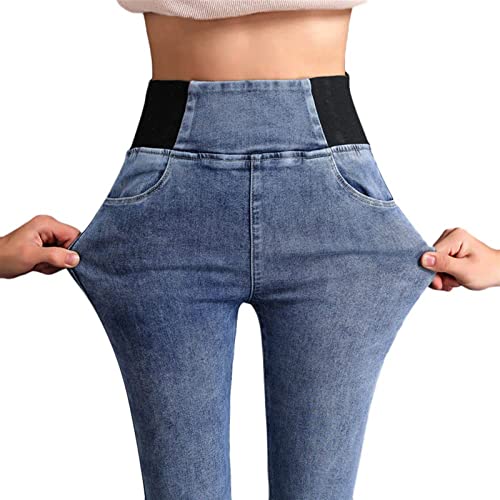 Sawmew Sport Leggings Damen Sporthose Jeansoptik Hose Yogahose High Waist Blickdicht Sportleggings Skinny Jeans Stretch Fitnesshose Gym Workout Laufhose Jogginghose (Color : Light Blue, Size : S) von Sawmew