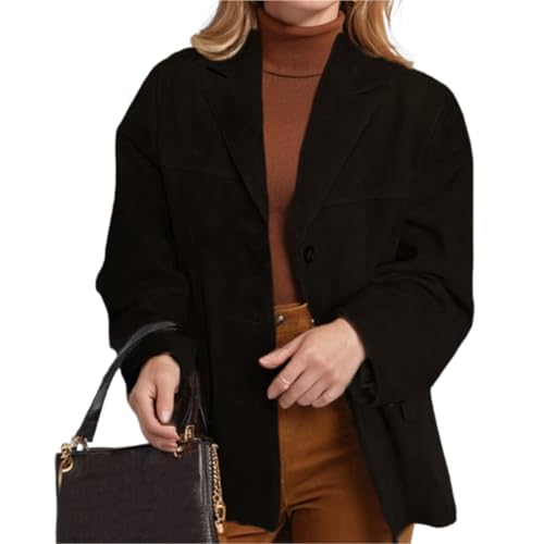 Sawmew Wildlederjacken für Damen Braune Kunstlederjacke Blazer Y2K Oberbekleidung Wintermantel(Black,3XL) von Sawmew