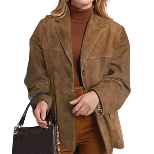 Sawmew Wildlederjacken für Damen Braune Kunstlederjacke Blazer Y2K Oberbekleidung Wintermantel(Brown,XXL) von Sawmew