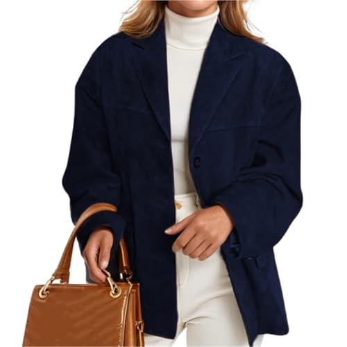 Sawmew Wildlederjacken für Damen Braune Kunstlederjacke Blazer Y2K Oberbekleidung Wintermantel(Dark blue,XXL) von Sawmew