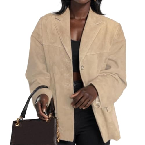 Sawmew Wildlederjacken für Damen Braune Kunstlederjacke Blazer Y2K Oberbekleidung Wintermantel(Khaki,3XL) von Sawmew