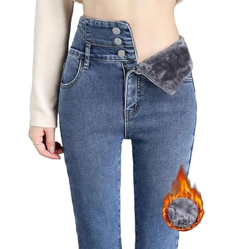 Sawmew Winter Jeanshose Damen Warm Thermo-Jeans Fleece Gefütterte Thermohose High Waist Fleecehose Frauen Lang Winterhose Warmer Outdoor Denim Hose Winterleggings Winter-Thermojeans (Color : Blue, S von Sawmew