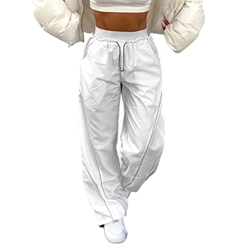 Sawmew Y2K Cargo Jeans Damen, Hip Hop Baggy Cargohose, Parachute Track Pants Fallschirm Lange Hosen, Low Waist 90er E-Girl Streetwear (Color : White, Size : L) von Sawmew