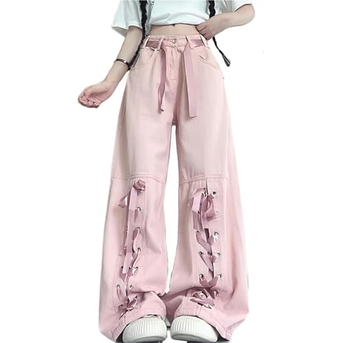 Sawmew Y2K Harajuku Baggy Jeans Damen Grunge Vintage 90er Jahre Oversize Weites Bein Jeanshose Koreanischer Stil Pink Hose(L) von Sawmew