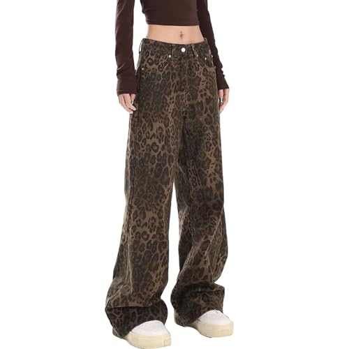 Sawmew Y2k-Hose, Leopardenmuster, gerades Bein, Baggy-Jeans, übergroße Hose, weites Bein (Color : Leopard Print, Size : L) von Sawmew