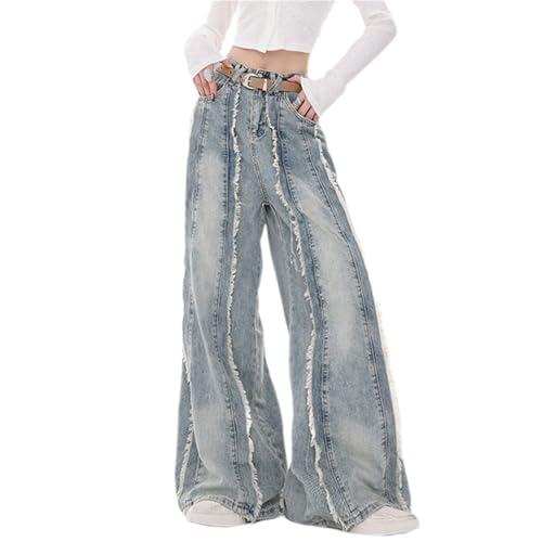Sawmew Y2k Jeanshosen Damen High Waist Schlaghose Frauen Jeans mit Quaste Stretch Baggy Patchwork Jeans Streetwear(3XL) von Sawmew