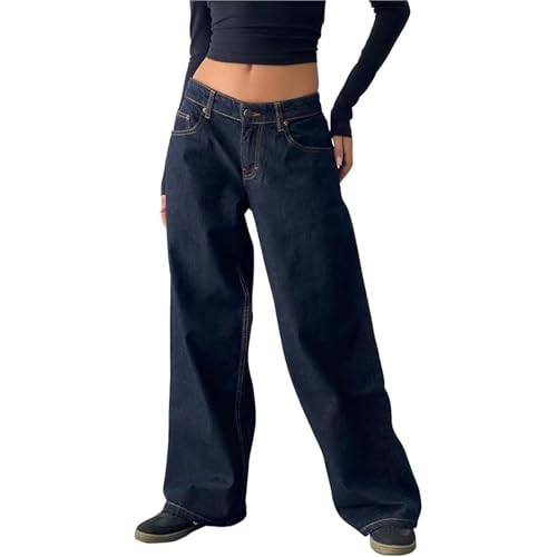 Sawmew Y2k Straight Leg Jeans Damen Niedrige Taille Stretchy Gerades Bein Loose Denim Hose Casual Baggy Freizeithose Streetwear(Dark blue,S) von Sawmew