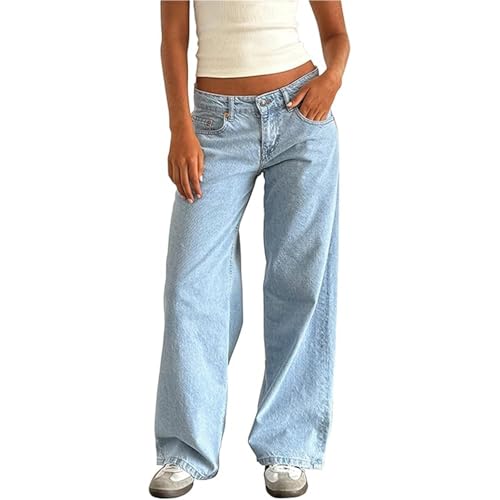 Sawmew Y2k Straight Leg Jeans Damen Niedrige Taille Stretchy Gerades Bein Loose Denim Hose Casual Baggy Freizeithose Streetwear(Light blue,XS) von Sawmew