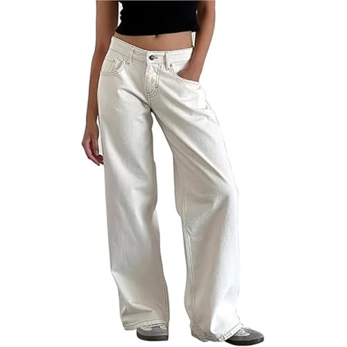Sawmew Y2k Straight Leg Jeans Damen Niedrige Taille Stretchy Gerades Bein Loose Denim Hose Casual Baggy Freizeithose Streetwear(White,XS) von Sawmew