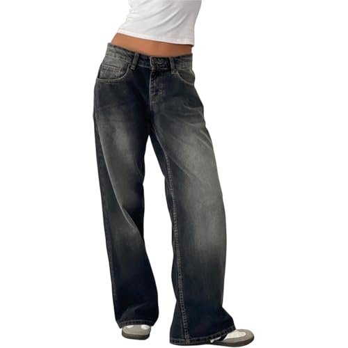 Sawmew Y2k Straight Leg Jeans Damen Niedrige Taille Stretchy Gerades Bein Loose Denim Hose Casual Baggy Freizeithose Streetwear(grau,L) von Sawmew