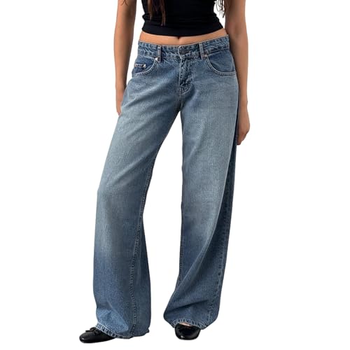 Sawmew Y2k Straight Leg Jeans Damens Niedrige Taille Stretchy Gerades Bein Loose Denim Hose Casual Baggy Freizeithose Streetwear(Blue,M) von Sawmew