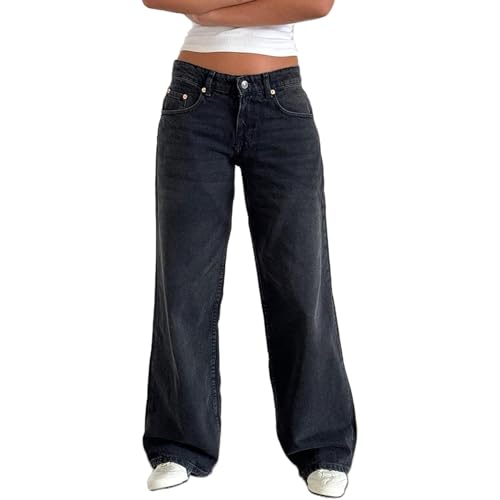 Sawmew Y2k Straight Leg Jeans Damens Niedrige Taille Stretchy Gerades Bein Loose Denim Hose Casual Baggy Freizeithose Streetwear(Dunkelgrau,S) von Sawmew