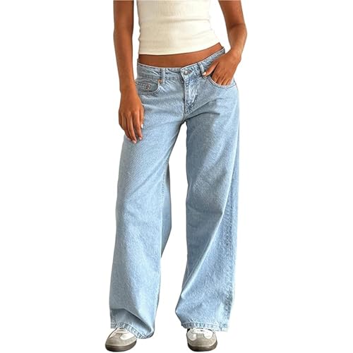 Sawmew Y2k Straight Leg Jeans Damens Niedrige Taille Stretchy Gerades Bein Loose Denim Hose Casual Baggy Freizeithose Streetwear(Light Blue,M) von Sawmew