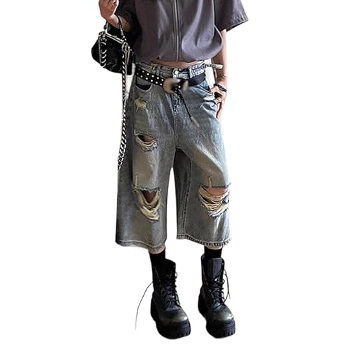 Sawmew Zerrissene Distressed Jeansshorts für Damen im Y2K-Stil Sommer Hohe Taille Weites Bein Lockere Hip-Hop Jeansshorts Knielange Verkürzte Jeans für Damen Streetwear Denim Jorts(S) von Sawmew