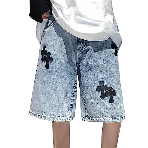 Unisex Y2k Jeans Kurze Hose Gothic Lässig Bermuda Kurz Baggy Gebeutelt Denim Kurz Straßenkleidung (Color : Blue, Size : S) von Sawmew