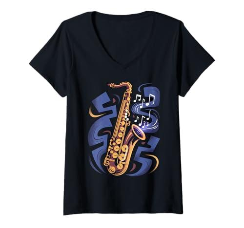 Damen Saxophon Musik Saxophonspieler T-Shirt mit V-Ausschnitt Damen Saxophon Musik Saxophonspieler T-Shirt mit V-Ausschnitt von Sax Music Co