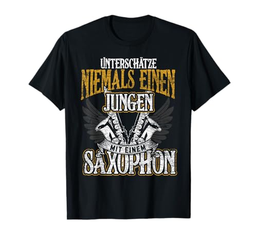 Unterschätze niemals einen Jungen mit einem Saxophon T-Shirt von Saxophon Geschenk Jazz Musiker Motiv Jungen