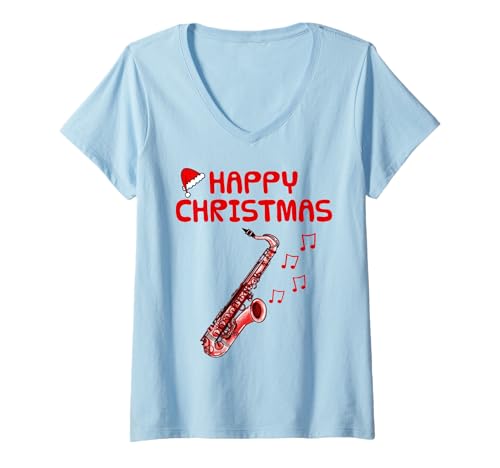 Damen Saxophon Weihnachten, Saxophonist Jazzmusiker T-Shirt mit V-Ausschnitt von Saxophone Christmas Saxophonist Santa By DoodleRob