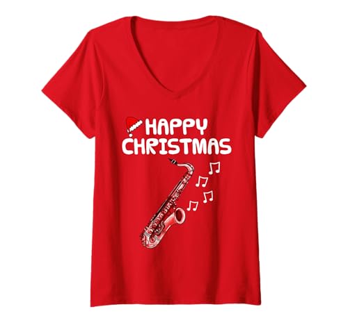 Damen Saxophon Weihnachten, Saxophonist Jazzmusiker T-Shirt mit V-Ausschnitt von Saxophone Christmas Saxophonist Santa By DoodleRob