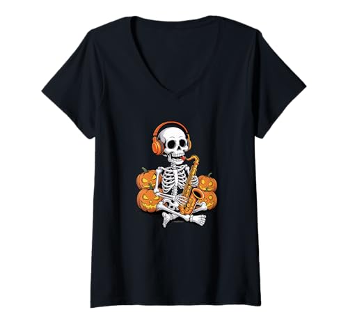 Damen Halloween Skelett Saxophon Saxophonist Saxophonspieler T-Shirt mit V-Ausschnitt Damen Halloween Skelett Saxophon Saxophonist Saxophonspieler T-Shirt mit V-Ausschnitt von Saxophone Gift For A Saxophonist